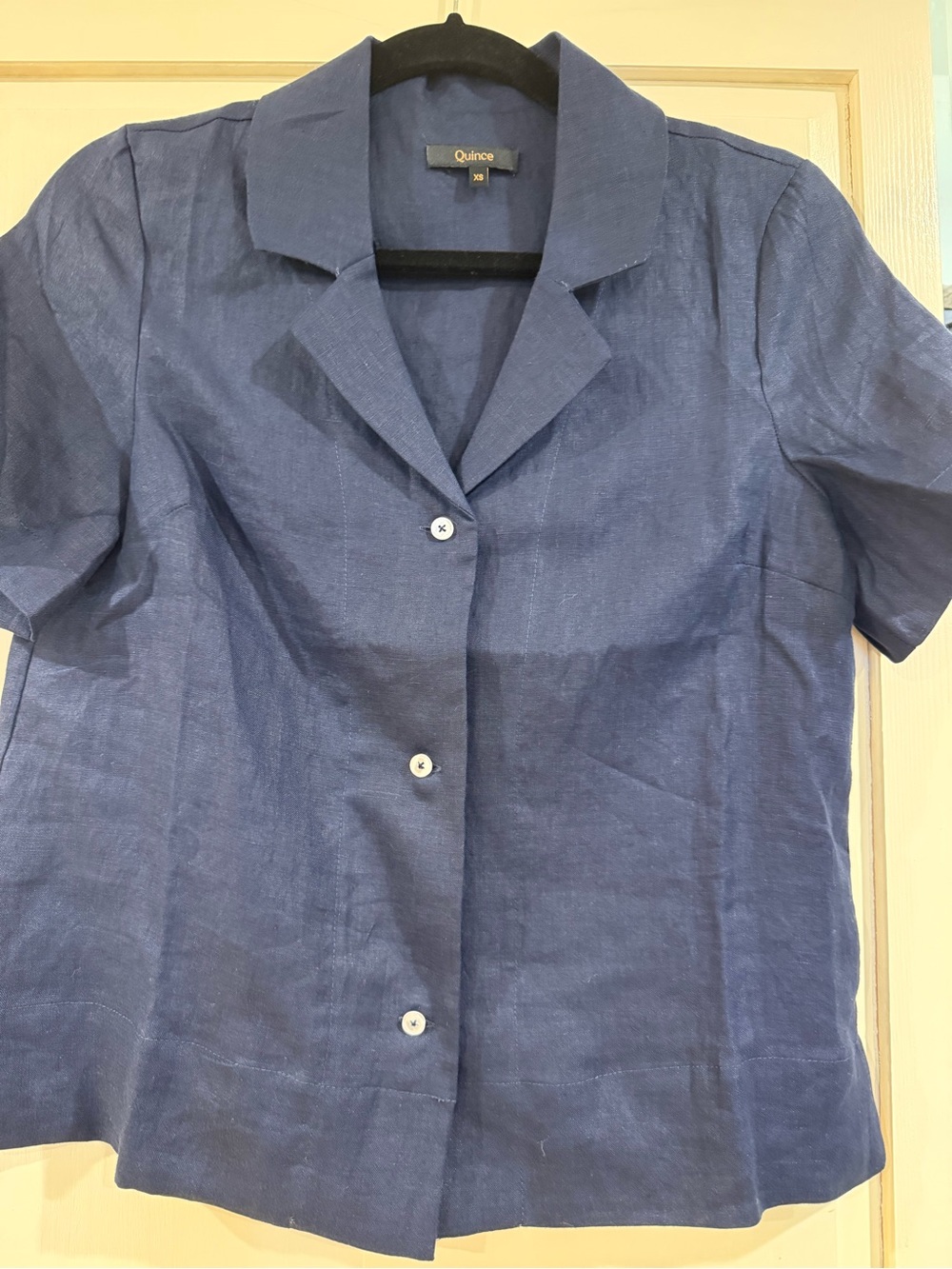Quince Navy Short-Sleeve Button-Front Shirt Blouse